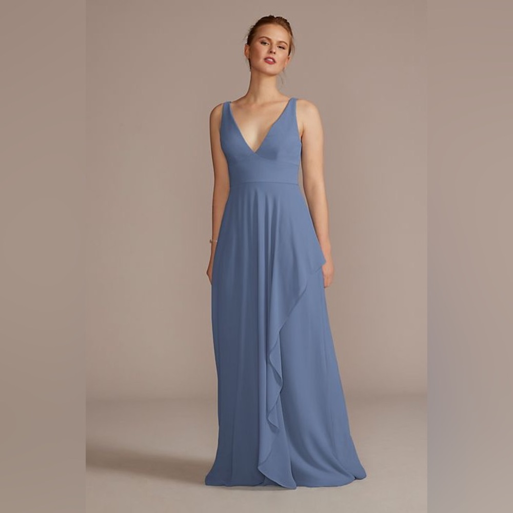 chiffon v-neck tank bridesmaid dress with cascade - Picture 1 of 6